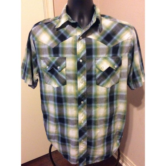 Wrangler Other - Wrangler Western Fashion Pearl Snap Shirt Mens Short Sleeve Plaid Green Medium M
